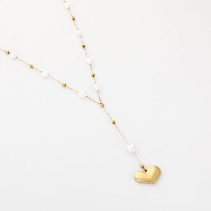 Gold Heart Y Necklace with Pearl Details