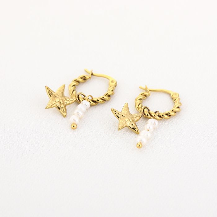 Gold Starfish Pearl Hoops