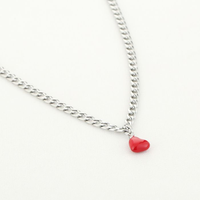 Minimal Red Heart Silver Necklace